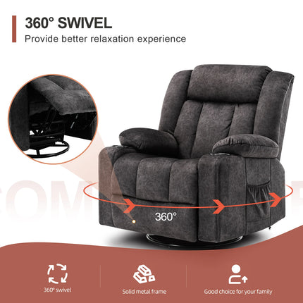 COMHOMA Relax fauteuil TV fauteuil lounge fauteuil met verstelbare 90 °-160 ° intrekbare voetensteun met 2 bekerhouders | COMHOMA Relaxstoel Zwart Grijs Bruin | Verstelbare rugleuning met massagefunctie | Draaibaar 360° met zijzakken