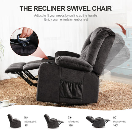 COMHOMA Relax fauteuil TV fauteuil lounge fauteuil met verstelbare 90 °-160 ° intrekbare voetensteun met 2 bekerhouders | COMHOMA Relaxstoel Zwart Grijs Bruin | Verstelbare rugleuning met massagefunctie | Draaibaar 360° met zijzakken