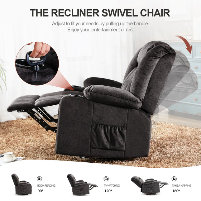COMHOMA Relax fauteuil TV fauteuil lounge fauteuil met verstelbare 90 °-160 ° intrekbare voetensteun met 2 bekerhouders | COMHOMA Relaxstoel Zwart Grijs Bruin | Verstelbare rugleuning met massagefunctie | Draaibaar 360° met zijzakken