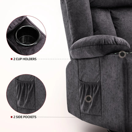 COMHOMA Relax fauteuil TV fauteuil lounge fauteuil met verstelbare 90 °-160 ° intrekbare voetensteun met 2 bekerhouders | COMHOMA Relaxstoel Zwart Grijs Bruin | Verstelbare rugleuning met massagefunctie | Draaibaar 360° met zijzakken
