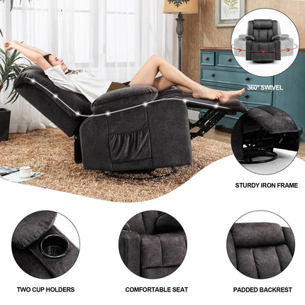 COMHOMA Relax fauteuil TV fauteuil lounge fauteuil met verstelbare 90 °-160 ° intrekbare voetensteun met 2 bekerhouders | COMHOMA Relaxstoel Zwart Grijs Bruin | Verstelbare rugleuning met massagefunctie | Draaibaar 360° met zijzakken