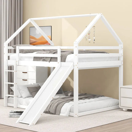 140x200cm Tweepersoons kinderbed huisbed stapelbed met glijbaan en ladder, kinderzolder hoog wit | Kinderhuisbed 140x200cm met Glijbaan en Ladder | Wit | Tweepersoons Kinderkamer Hoogslaper