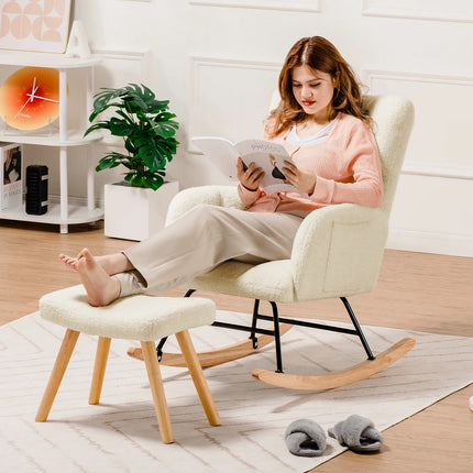 COMHOMA Schommelstoel armleuningen relax fauteuil teddy pluche oorfauteuil draaggewicht tot 150 kg ligstoel | COMHOMA Wiegstoel Pluche Teddy Fauteuil | Moderne Schommelstoel | Ergonomisch Design | Voor Woonkamer & Slaapkamer