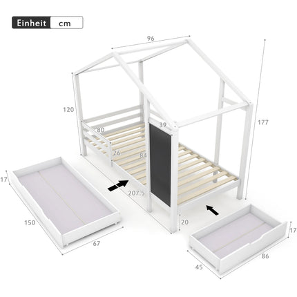 Wit kinderhuisbed 90x200 cm massief hout hekje lattenbodem krijtbord en 2 lades houten bed (zonder matras) | Kinderbed wit 90x200 cm massief hout met hekje krijtbord en 2 lades (zonder matras)