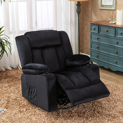 COMHOMA Relax fauteuil TV fauteuil lounge fauteuil met verstelbare 90 °-160 ° intrekbare voetensteun met 2 bekerhouders | COMHOMA Relaxstoel Zwart Grijs Bruin | Verstelbare rugleuning met massagefunctie | Draaibaar 360° met zijzakken
