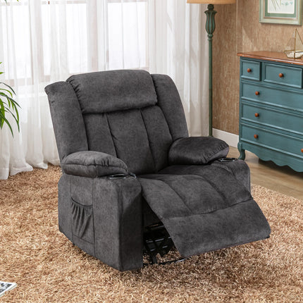 COMHOMA Relax fauteuil TV fauteuil lounge fauteuil met verstelbare 90 °-160 ° intrekbare voetensteun met 2 bekerhouders | COMHOMA Relaxstoel Zwart Grijs Bruin | Verstelbare rugleuning met massagefunctie | Draaibaar 360° met zijzakken