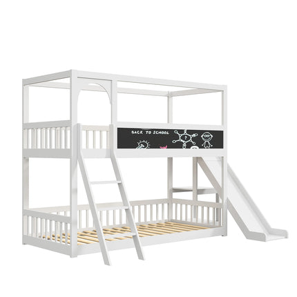 90x200cm Kinderbedframe met trap en glijbaan | Massief Houten Stapelbed met Krijtbord en Veiligheidshek | Creatief en Ruimtevriendelijk Slaap- en Speelbed voor Kinderen