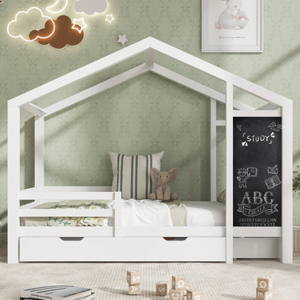 Wit kinderhuisbed 90x200 cm massief hout hekje lattenbodem krijtbord en 2 lades houten bed (zonder matras) | Kinderbed wit 90x200 cm massief hout met hekje krijtbord en 2 lades (zonder matras)