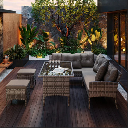 MERAX Poly Rotan Zitgroep Tuin Lounge voor 7 Personen met Banktafel Kruk & Kussens Verwijderbare Kussenslopen | Merax tuinset voor 7 personen | Rotan loungeset met tafel en krukken | Verwijderbare kussens voor gemakkelijk onderhoud