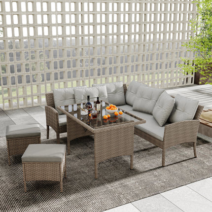 MERAX Poly Rotan Zitgroep Tuin Lounge voor 7 Personen met Banktafel Kruk & Kussens Verwijderbare Kussenslopen | Merax tuinset voor 7 personen | Rotan loungeset met tafel en krukken | Verwijderbare kussens voor gemakkelijk onderhoud