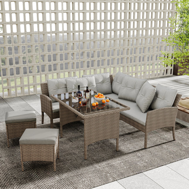 MERAX Poly Rotan Zitgroep Tuin Lounge voor 7 Personen met Banktafel Kruk & Kussens Verwijderbare Kussenslopen | Merax tuinset voor 7 personen | Rotan loungeset met tafel en krukken | Verwijderbare kussens voor gemakkelijk onderhoud