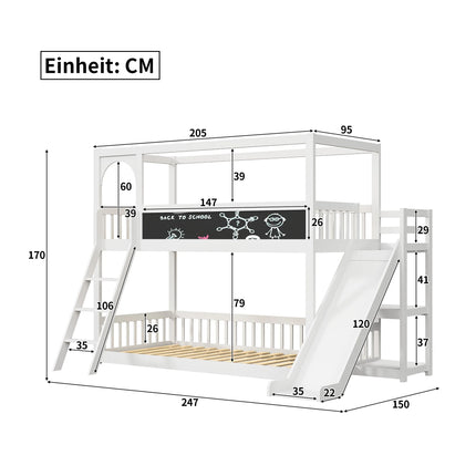 90x200cm Kinderbedframe met trap en glijbaan | Massief Houten Stapelbed met Krijtbord en Veiligheidshek | Creatief en Ruimtevriendelijk Slaap- en Speelbed voor Kinderen