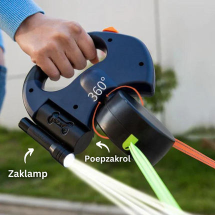 DuoPaw Reflecterende Hondenriem Knoopvrij 360° | Ingebouwde Zaklamp | Intrekbaar 3m | Voor 2 Honden Tot 30kg | Dubbele Bediening