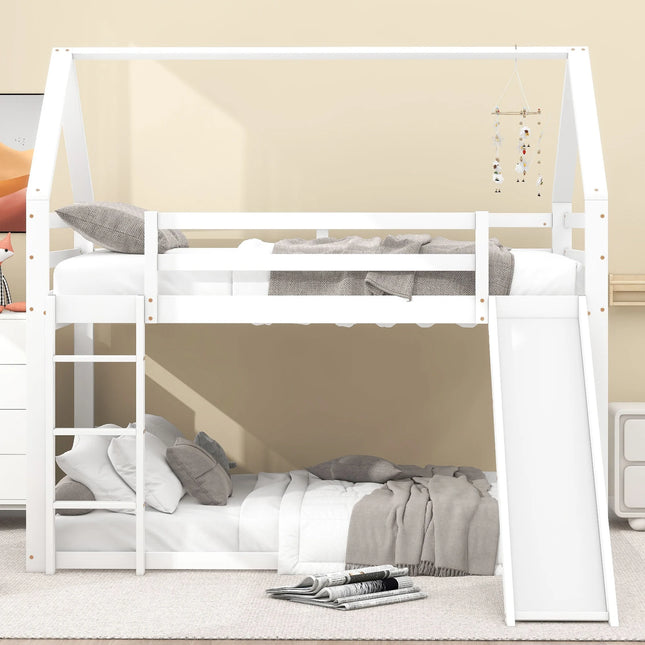 140x200cm Tweepersoons kinderbed huisbed stapelbed met glijbaan en ladder, kinderzolder hoog wit | Kinderhuisbed 140x200cm met Glijbaan en Ladder | Wit | Tweepersoons Kinderkamer Hoogslaper