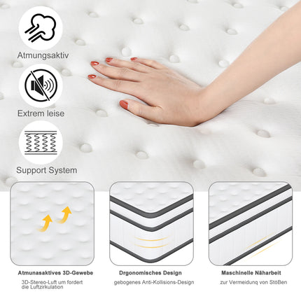 90x190x25cm Pocket Spring Mattress, Ultra-quiet Mattress with Breathable 3D Fabric and High-density Wave Foam, Medium Hard | 90x190x25 cm Matras | Ultra stil | Ademend 3D stof | Hoge dichtheid golfschuim | Medium stevigheid