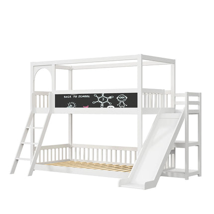 90x200cm Kinderbedframe met trap en glijbaan | Massief Houten Stapelbed met Krijtbord en Veiligheidshek | Creatief en Ruimtevriendelijk Slaap- en Speelbed voor Kinderen