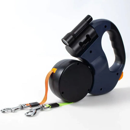 DuoPaw Reflecterende Hondenriem Knoopvrij 360° | Ingebouwde Zaklamp | Intrekbaar 3m | Voor 2 Honden Tot 30kg | Dubbele Bediening