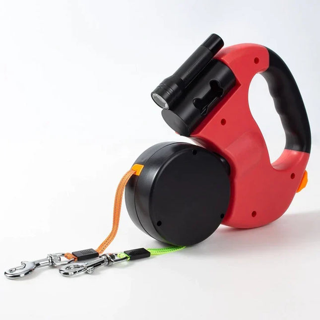 DuoPaw Reflecterende Hondenriem Knoopvrij 360° | Ingebouwde Zaklamp | Intrekbaar 3m | Voor 2 Honden Tot 30kg | Dubbele Bediening