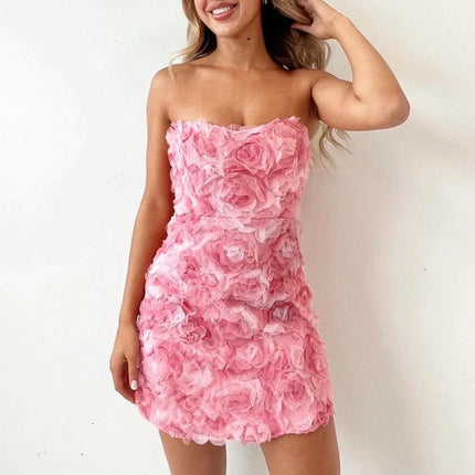 Straploze bohemien trouwjurk | Roze bloemenjurk | Elegante mouwloze jurk | Zomerjurk met hoge taille | Vrouwelijke snit