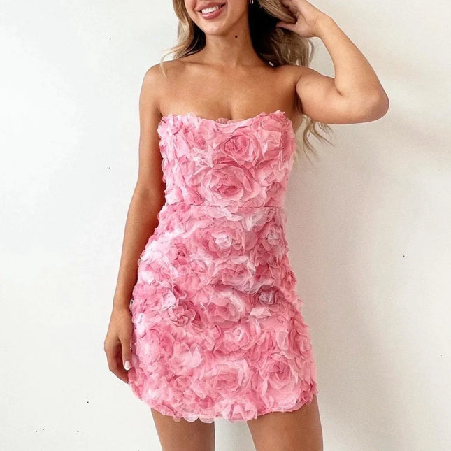 Straploze bohemien trouwjurk | Roze bloemenjurk | Elegante mouwloze jurk | Zomerjurk met hoge taille | Vrouwelijke snit
