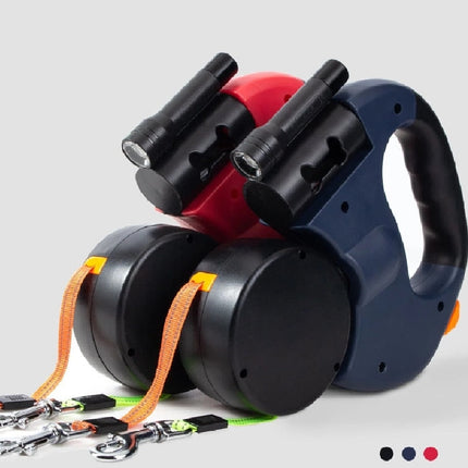 DuoPaw Reflecterende Hondenriem Knoopvrij 360° | Ingebouwde Zaklamp | Intrekbaar 3m | Voor 2 Honden Tot 30kg | Dubbele Bediening