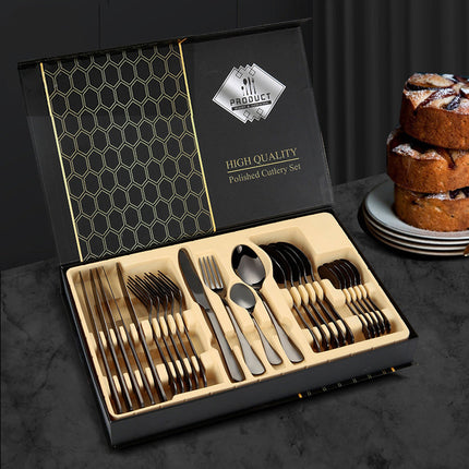24-delige Bestekset RVS | Elegant Dinerset voor Maximaal 6 Personen | Luxe Tafelaanvulling | Vaatwasserbestendig | Zilver Goud Zwart