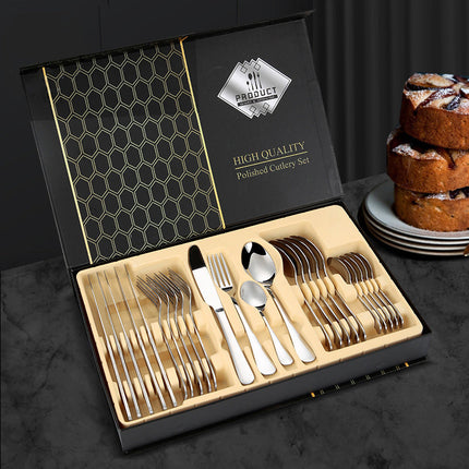 24-delige Bestekset RVS | Elegant Dinerset voor Maximaal 6 Personen | Luxe Tafelaanvulling | Vaatwasserbestendig | Zilver Goud Zwart