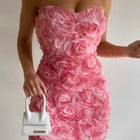 Straploze bohemien trouwjurk | Roze bloemenjurk | Elegante mouwloze jurk | Zomerjurk met hoge taille | Vrouwelijke snit