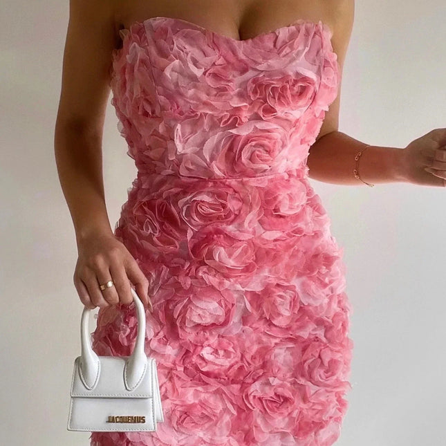Straploze bohemien trouwjurk | Roze bloemenjurk | Elegante mouwloze jurk | Zomerjurk met hoge taille | Vrouwelijke snit