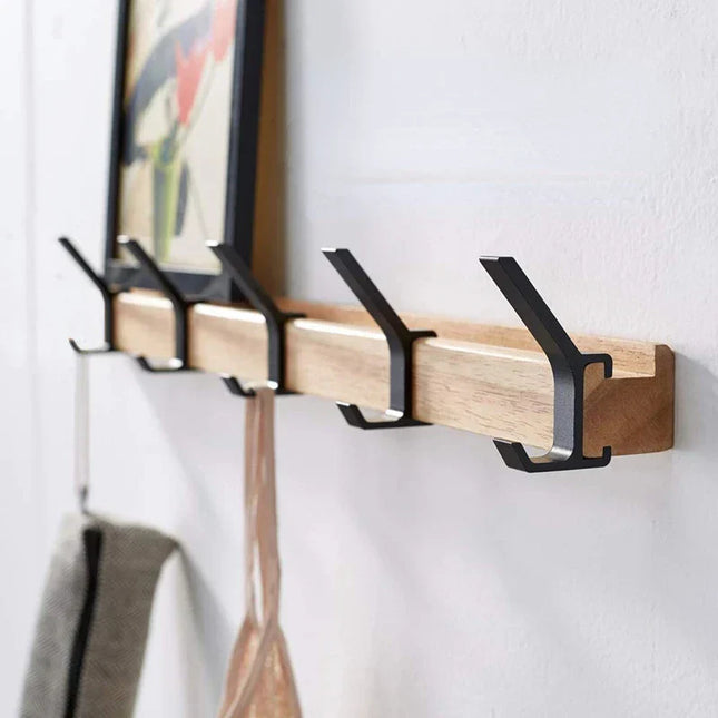 Zwarte Wandkapstok Nordic Design | Verplaatsbare Dubbele Haken | Voor Hal en Slaapkamer | Hout en Aluminium | 40x7x7 cm