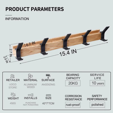 Zwarte Wandkapstok Nordic Design | Verplaatsbare Dubbele Haken | Voor Hal en Slaapkamer | Hout en Aluminium | 40x7x7 cm