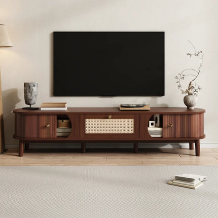 Walnoot Rotan Hangend Dressoir 170 L x 39,5 B x 38 H (cm), TV-meubel met natuurlijke houten deuren en rotan lades | Moderne TV kast hout rotan | Zwevend dressoir hangend | Natuurlijke walnoot en rotan details