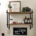 Grote Rustieke Industriële Pijp Wandplank 2-Lagen Houten Metalen Display Opslag Rek | Rustieke Wandplank Hout IJzer Dubbel Wandreksel 60x15x51.5cm | Geschikt Badkamer Keuken Woonkamer | Eenvoudige Installatie