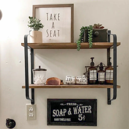Grote Rustieke Industriële Pijp Wandplank 2-Lagen Houten Metalen Display Opslag Rek | Rustieke Wandplank Hout IJzer Dubbel Wandreksel 60x15x51.5cm | Geschikt Badkamer Keuken Woonkamer | Eenvoudige Installatie