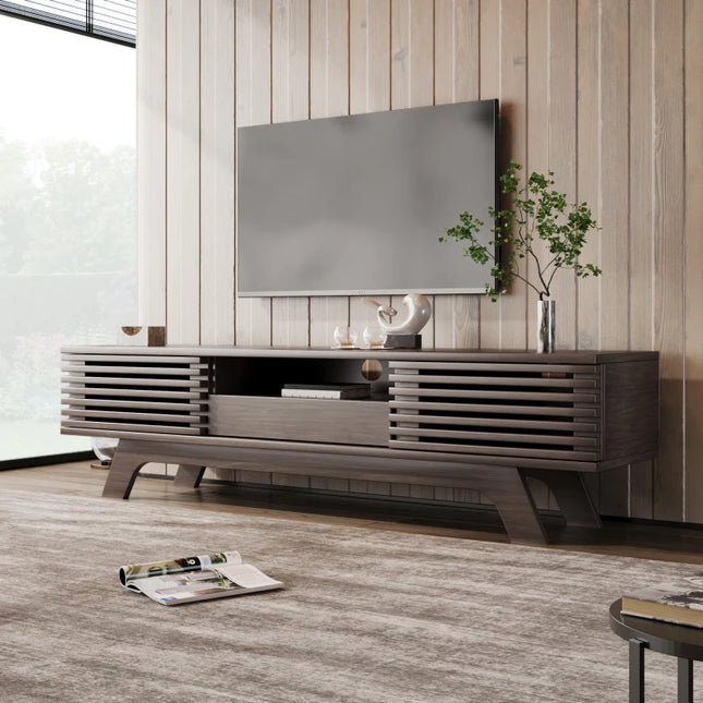 TV kast met een lade en twee deuren, TV meubel, TV paneel, TV laagbord, TV kast. Uniek design, vintage houtkleur | Vintage TV meubel 150 cm | Modern design | TV meubel met lade en deuren | Kast met houten lamellen