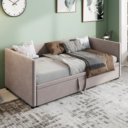 Uitschuifbare Slaapbank,Beklede Bed met lattenbodem 90(180)* 200cm,2-in-1 Multifunctionele Slaapbank,Zonder Matras | Moderne Fluwelen Uitschuifbare Slaapbank 90x200/180x200 cm | Lazyspace | Grijs/Beige