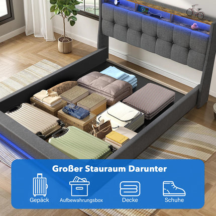Gestoffeerd Tweepersoonsbedframe met Opslag, Ottoman Bed met Hydrauliek en LED-Licht, Tweepersoons Bedframe voor Volwassenen en Tieners | Scandinavisch Design Bedframe | Met Opslag | LED Verlichting | Moderne Stijl | Grijs 140/160x200 cm