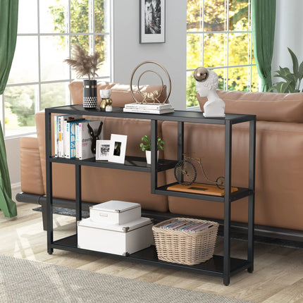 Industrieel Opbergrek Zwart | Consoletafel Met 4 Lagen | 110x30x85 cm | Hal Woonkamer Achter Bank | Staal En Houtlook | Multifunctioneel Design