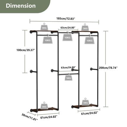 Industriële pijp kledingrek rail wand gemonteerd ruimtebesparende kleding display rek met opbergrekken | Stijlvol metalen wandgemonteerd kledingrek met plank | Industrieel design | 185x30x200cm | Zwart