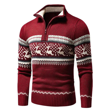Heren Kersttrui Geometrisch Patroon | Festive Slim Fit Cardigan | Winter Gebreid Rits Vest | Oprolbare Kraag | Mix van Katoen Acryl Kasjmier | Lang Ritsontwerp | Ideaal als Cadeau voor Kerst | Stijlvolle Kerstkleding