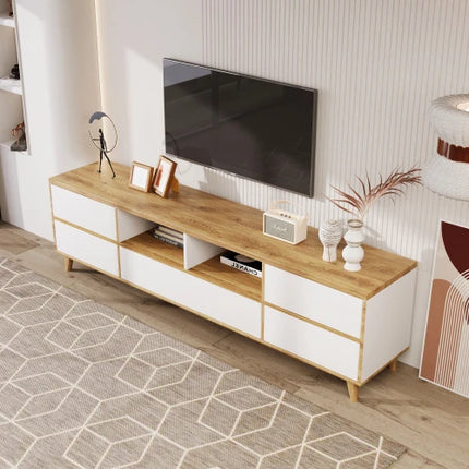 TV-kast, laag meubel, woonkamermeubel in wit en houttinten. Vakken en deuren in natuurlijke landelijke stijl | Moderne tv-meubel wit hout | Laag meubel woonkamer | Landelijke stijl | Wit en hout | Stevige houten poten | Veel opbergruimte