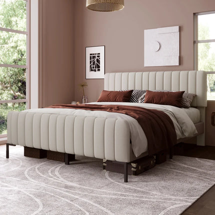 Gestoffeerd bed Tweepersoonsbed, bedframe met lattenbodem en verstelbaar hoofdbord, gewatteerd bed in grijs-beige | Tweepersoons gestoffeerd bed 160x200 cm | Verstelbaar hoofdbord | Opslagruimte | Stevig metalen poten | Stabiele nachtrust