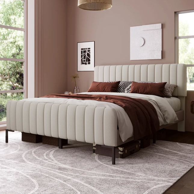 Gestoffeerd bed Tweepersoonsbed, bedframe met lattenbodem en verstelbaar hoofdbord, gewatteerd bed in grijs-beige | Tweepersoons gestoffeerd bed 160x200 cm | Verstelbaar hoofdbord | Opslagruimte | Stevig metalen poten | Stabiele nachtrust