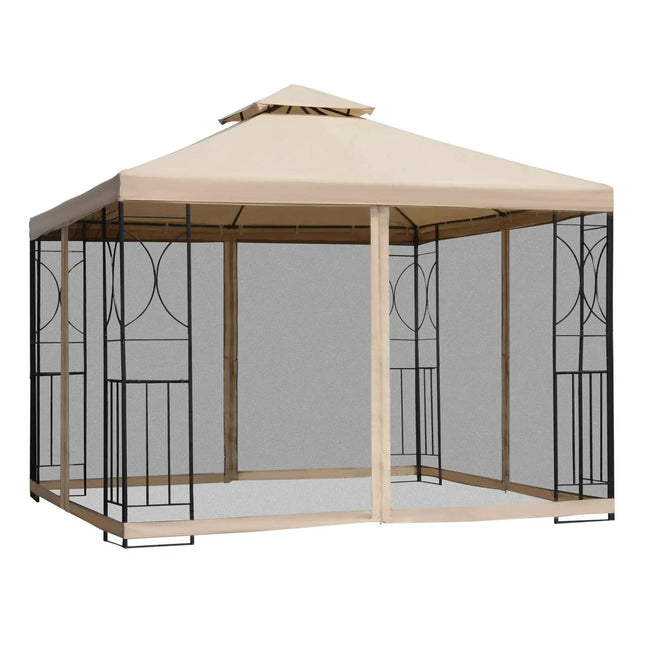Outsunny tuinpaviljoen Paviljoentent Tuintent met 4 planken 3x3 m | Outsunny Luxe Tuinpaviljoen 3x3m | Waterafstotend Polyester | Sterk Poedergecoat Frame | 4 Gaaswanden | Metalen Plankrekken