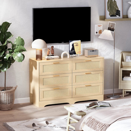 REDLIFE 47.24" Rattan Dresser met 6 Lades, Moderne Houten Kast met Gouden Handgrepen voor Slaapkamer Woonkamer Hal | REDLIFE Rotan Dressoir 120cm Breedte | Slaapkamer Woonkamer Opslag | Moderne Stijl MDF | 6 Lades Gouden Knoppen