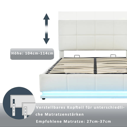 Gestoffeerd Bed, Tweepersoonsbed, Met LED Verlichting, Hydraulisch Verhoogbaar Bed, Met Opbergruimte, Bedbox & Lattenbodem, 140x200cm | Modern gestoffeerd bed met led-verlichting | Hydraulisch | Opbergruimte | 140x200cm