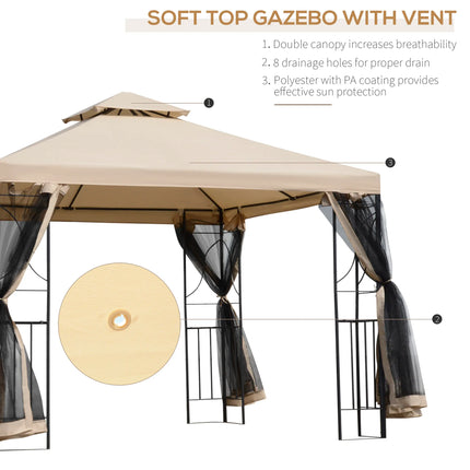 Outsunny tuinpaviljoen Paviljoentent Tuintent met 4 planken 3x3 m | Outsunny Luxe Tuinpaviljoen 3x3m | Waterafstotend Polyester | Sterk Poedergecoat Frame | 4 Gaaswanden | Metalen Plankrekken