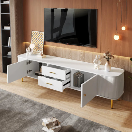 TV kast / Salontafel met lades, afgeronde hoeken, woonkamer TV kast met gegolfde zijkanten, gouden handvatten en poten | Moderne witte TV-kast met lades en gouden details 170cm | Scandinavisch design MDFmeubel met veel opbergruimte