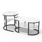 2-delige koffietafel met marmerstructuur voor woonkamer | Set van 2 ronde bijzettafels met marmerlook blad MDF 80x46 cm en 52x51 cm | Salontafels met opbergruimte | Goud- en zwartkleurig metalen frame