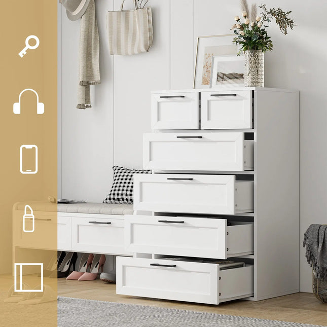 Dressoir Wit, Slaapkamer Dressoir met 6 Laden, Hoge Laden Kast Dressoir voor Woonkamer, Slaapkamer, Gang | Witte Dressoir Slaapkamerkast 6 Lades | Moderne Hoge Ladenkast | Houten Dressoir Slaapkamerwit